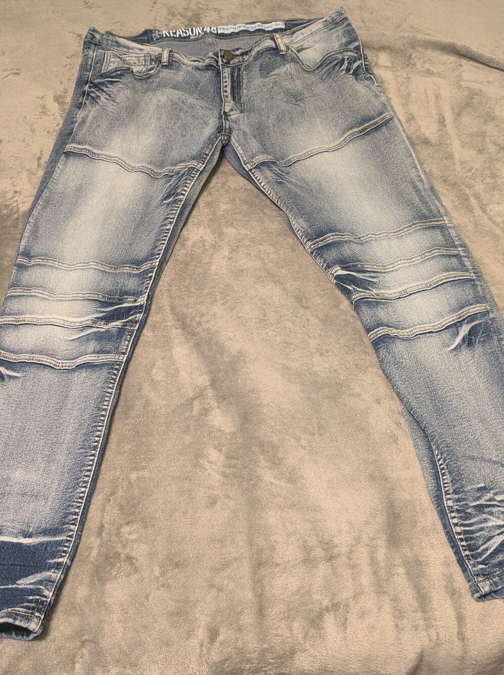 Reason New York Men's Moto Biker Jeans Light Wash Stretch Denim Size 48